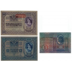 Austro-Węgry, 2x10 000 kronen 1918, 1000 kronen 1902, 100 kronen 1912 - zestaw 3 sztuk