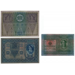 Austro-Węgry, 2x10 000 kronen 1918, 1000 kronen 1902, 100 kronen 1912 - zestaw 3 sztuk