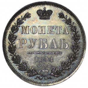 Rosja, Mikołaj I, rubel 1851 СПБ ПА, Petersburg - pięknie zachowany