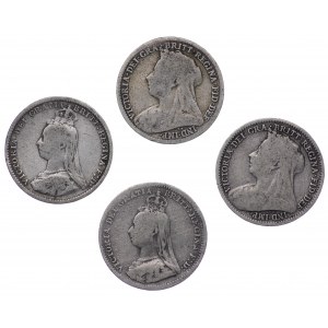 Wielka Brytania, 3 Pensy zestaw 4 sztuk (1889,1890,1895,1896)