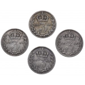 Wielka Brytania, 3 Pensy zestaw 4 sztuk (1889,1890,1895,1896)