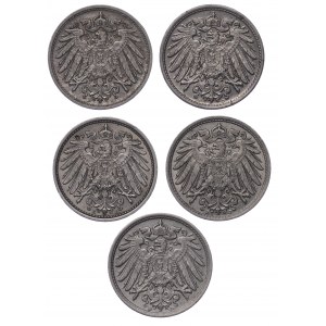 Niemcy, 10 fenigów (1904,1913,1914,1915,1916) - zestaw 5 sztuk