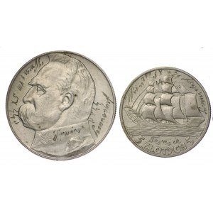 Polska, II RP, 10 złotych 1937 Piłsudski i 5 złotych 1936 Żaglowiec (obie monety z grawerką pamiątkową)