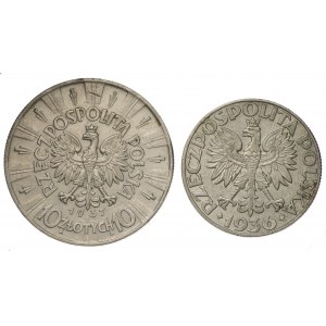 Polska, II RP, 10 złotych 1937 Piłsudski i 5 złotych 1936 Żaglowiec (obie monety z grawerką pamiątkową)