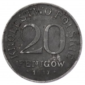 Polska, Królestwo Polskie, 20 fenigów 1917 - DESTRUKT - niedobita 9 w dacie