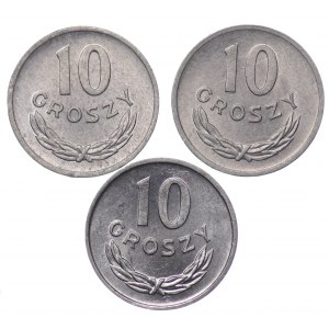 Polska, PRL, 10 groszy 1970, 1971,1976 - zestaw 3 sztuki