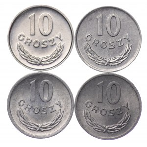 Polska, PRL, 10 groszy 1971, 1974, 1976, 1977 - zestaw 4 sztuki