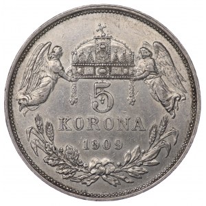 Maďarsko, 5 korún, 1909 KB, Kremnica