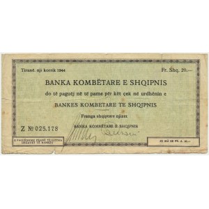 Albania, cheque for 20 Frank 1944
