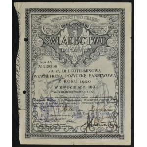 5% dlhodobý štátny úver, predbežné osvedčenie 1920, 100 mkp