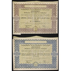 Pomorska Elektrownia Krajowa Gródek S.A., 100 libier 1931 a čiastková akcia 10 libier (sada 2 kusov).