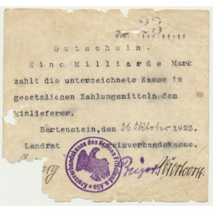 East Prussia, Bartestein - Bartoszyce, 1 Billion Mark 1923