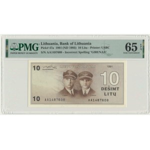 Lithuania, 10 Litu 1991 - AA - PMG 65 EPQ - with error in Girenas
