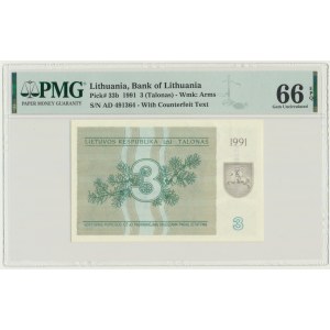 Lituanie, 3 talons 1991 - PMG 66 EPQ