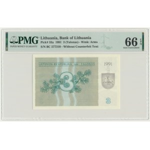 Lithuania, 3 Talonas 1991 - without text - PMG 66 EPQ