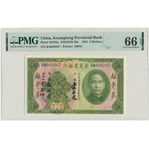 China, Kwangtung Provincial Bank, 5 Dollars 1931 - PMG 66 EPQ