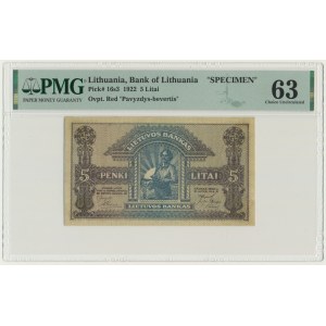 Lithuania, 5 Litai 1922 - SPECIMEN - PMG 63 - RARE