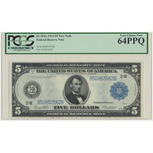 USA, Sceau Bleu, New York, $5 1914 - 2B - White &amp; Mellon - PCGS 64 PPQ