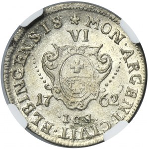August III Sas, šiesty z Elblągu 1762 ICS - NGC MS62 - Vzácny a KRÁSNY, ex. Potocki