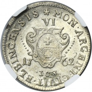Augustus III of Poland, 6 Groschen Elbing 1762 ICS - NGC MS62 - RARE, ex. Potocki