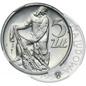 5 złotych 1958 Rybak - NGC MS62 - wąska ósemka