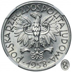 5 złotych 1958 Rybak - NGC MS62 - wąska ósemka