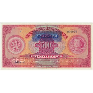 Slovakia, 500 Korun (1939) on 500 Czechoslovak Korun 1929 - SPECIMEN