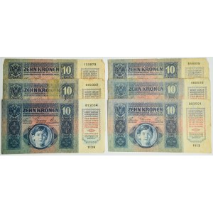 Czechoslovakia, 10 Haleřu stamp on 10 Korun 1919 (6 pcs.)