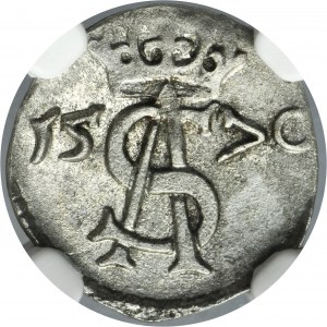 Sigismund II August, 2 Denarius Vilnius 1570 - NGC MS62