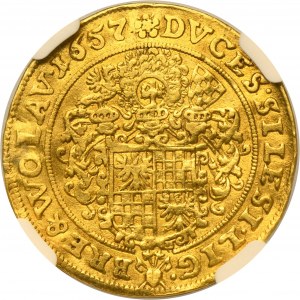 Silesia, Duchy of Liegnitz-Brieg-Wohlau, Georg III, Ludwig IV and Christian, 3 Ducat Brieg 1657 EW - NGC AU DETAILS - HYBRID, VERY RARE