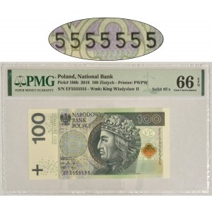 100 złotych 2018 - EF 5555555 - PMG 66 EPQ - SOLID