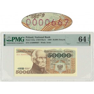 50.000 złotych 1989 - AA 0000667 - PMG 64 EPQ - niski numer seryjny