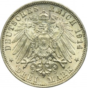 Germany, Kingdom of Württemberg, Wilhelm II, 3 Mark Stuttgart 1914 F