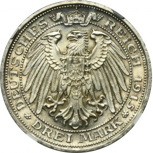 Nemecko, Pruské kráľovstvo, Wilhelm II, 3 marky Berlín 1915 A - NGC MS66