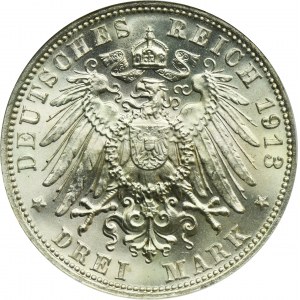 Allemagne, Saxe, Frederick August III, 3 Marks Muldenhütten 1913 E