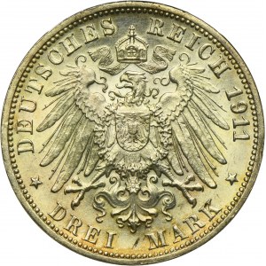 Allemagne, Royaume de Württemberg, Wilhelm II, 3 Marks Stuttgart 1911 F