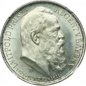 Germany, Bavaria, Regent Luitpold, 3 Mark Munich 1911 D - NGC UNC DETAILS