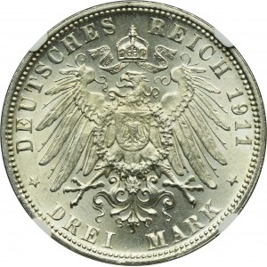 Germany, Bavaria, Regent Luitpold, 3 Mark Munich 1911 D - NGC UNC DETAILS