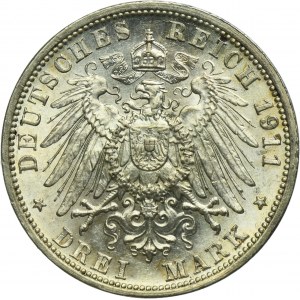 Germany, Grand Duchy of Baden, Friedrich II, 3 Mark Karlsruhe 1911 G