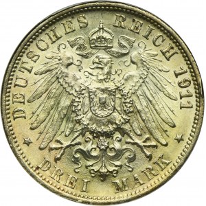 Germany, Kingdom of Württemberg, William II, 3 Mark Stuttgart 1911 F