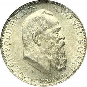 Allemagne, Bavière, Régent Luitpold, 5 Marks Munich 1911 D