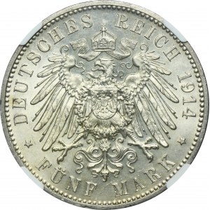 Germany, Kingdom of Saxony, Friedrich August III, 5 Mark Muldenhütten 1914 E - NGC MS62