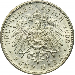 Germany, Kingdom of Württemberg, Wilhelm II, 5 Mark Stuttgart 1908 F