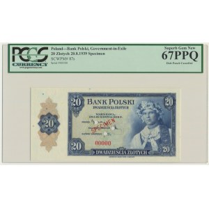 ABNCo, 20 zloty 1939 - SPECIMEN - 00000 - PCGS CURRENCY 67 PPQ