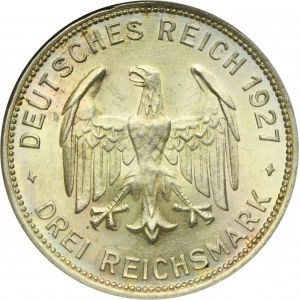 Germany, Weimar Republic, 3 Mark Stuttgart 1927 F - 450 Years of the University of Tübingen - RARE