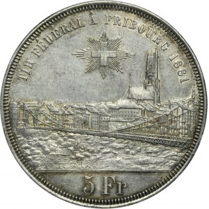 Switzerland, 5 Francs Bern 1881 - Shooting Festival in Fribourg