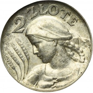 Kobieta i kłosy, 2 złote Londyn 1925 - kropka po dacie