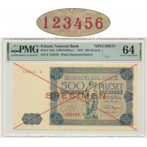500 złotych 1947 - SPECIMEN - X 123456 - PMG 64 - RZADKA ODMIANA
