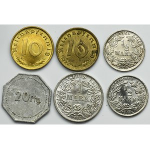 Lot, Germany, 10 Pfennig, 20 Pfennig, 1/2 Mark and 1 Mark (6 pcs.)