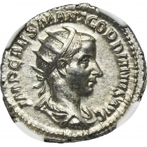 Empire romain, Gordien III, Antoninien - NGC Ch AU - ex. Collection d'argent du Danube